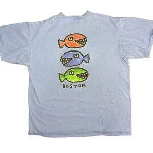 Vtg 90s Big Hed Designs Cartoon Fish Boston Single Stitch Blue Size XL